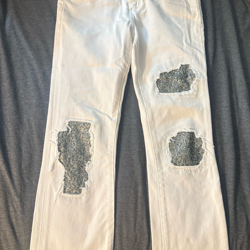 DKNY White Distressed Straight Leg Jeans